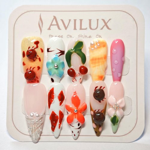 Avilux Press On Nails – Handmade, Reusable, 3D Designer Nail Art, 10Pcs Fake Nails for Women and Girls, Perfect for Holidays, Parties & Gifts (Tropical Paradise Mix, Medium)