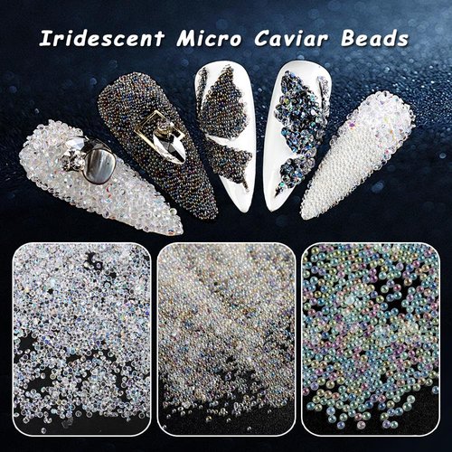 Tiny Nail Rhinestones 1.5mm Clear AB Mini Pixie Crystals Gems, 0.6-0.8mm Iridescent Micro Caviar Beads Sugar Glitter Beads Dust Charms for Nail Art Design DIY Crafts Accessories