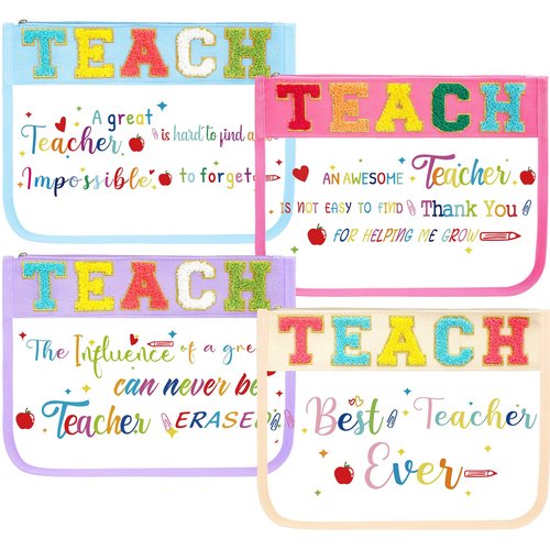 Kacctyen 4 Pcs Back to School Makeup Bags Gift for Teacher Chenille Letter Toiletry Bag Pouch with Zipper Travel Accessory Organizer Gifts Women Teacher