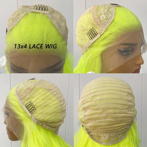 RONGDUOYI RDY Lemon Yellow Fashion Lace Front Wigs for Women Pre Plucked Body Wave Synthetic Wig with Free Part Natural Hairline Wig Cosplay Party Makeup Wigs 24Inches