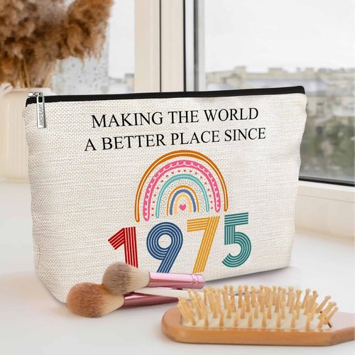 TOBYOVU 50th Birthday Gifts For Her, Women – Gifts for 50th Birthday – Mothers Day Bags For Woman – 50th Bday Decorations For Sister, Female, Friends – 1975 Canvas Makeup Bag – Turning 50th Gift