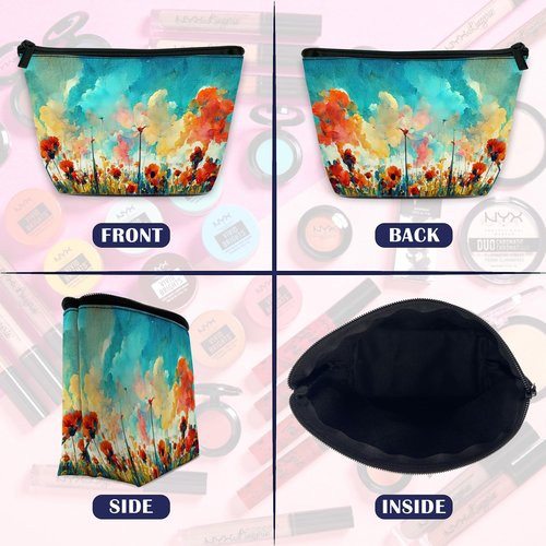 DEMACYA Colorful Red Poppy Flowers Makeup Bag for Purse, Waterproof Funny Watercolor Cosmetic Bag for Women, Zipper Travel Toiletry Pouch Gift 9.5×5.9 Inch