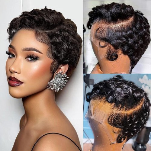 Short Curly Pixie Cut 13x4 Lace Front Wig Human Hair Wigs 13x4 HD Lace Frontal Wigs Short Layered Curly Glueless Wig Pre Plucked Deep Wave Pixie Cut Human Hair Wigs for Black Women, Natural Black