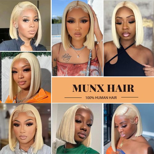 Bob Wig Human Hair 13x6 HD Frontal Lace Wig Real Human Hair 180% Density Straight Blonde 613 Human Hair Wigs for Black Women Glueless Wigs Pre Plucked Blunt Cut Wig 8 Inch