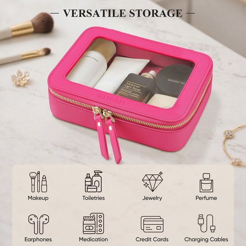 MSTONAL Clear Makeup Bag, Travel Toiletry Bag Cosmetic Case for Women, Waterproof Portable Make Up Skincare Pouch with Zipper, Compact Car Organizer Bag for Essentials, Mini & Medium, Hot Pink