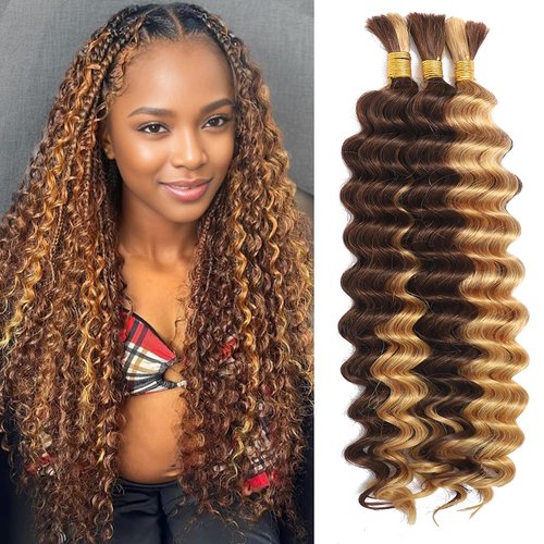 Human Braiding Hair for Boho Braids Human Hair 3 Bundles/Pack 110g 14 Inch Deep Wave Bulk Human Hair for Braiding Curly Knotless 12A Brazilian Virgin Ombre Balayage