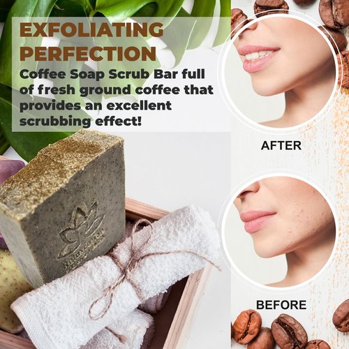 Relaxcation Handmade Coffee Scrub Soap Bar – Natural Exfoliating Soap with Fresh Ground Coffee, Cocoa Butter & Latte Aroma – Cold Process Body Scrub Bar - (5 bars)