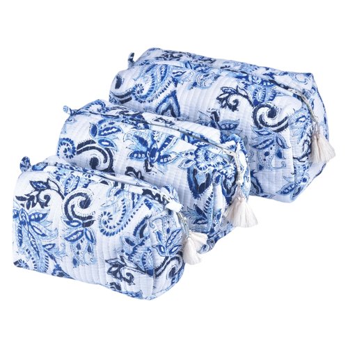 Vivanta Quilted Makeup Bag Set – Indigo Block Print Toiletry Bag for Women, Travel Makeup Organizer, Cosmetic Bags Set of 3 Floral Cotton Pouches, Travel Size Toiletries Kit, Zippered Toiletry Pouch