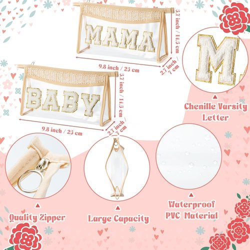 Belanttega Boho Patch Cosmetic Bag, Mother's Day MAMA BABY Chenille Varsity Letter Travel Toiletry Makeup Bag Summer Beige Clear Waterproof Makeup Pouch PVC Zipper Clutch Daily Use Purse for Mom Women