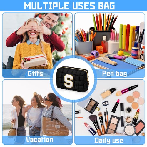 Initial Checkered Makeup Bag, Large Quilted Cosmetic Bag, Cute Make up Pouch for Purse, Travel Toiletry Storage Bag for Women Preppy Teen Girls Gift Trendy Stuff Gift (Black A)