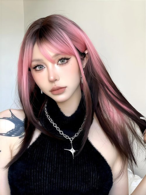 Aadesso Pink Highlight Black Hair 65cm medium-length Straight wigs for Daily Wear Heat Resistant Synthetic Matte wig with Realistic Simulation Scalp Middle Part with wig cap