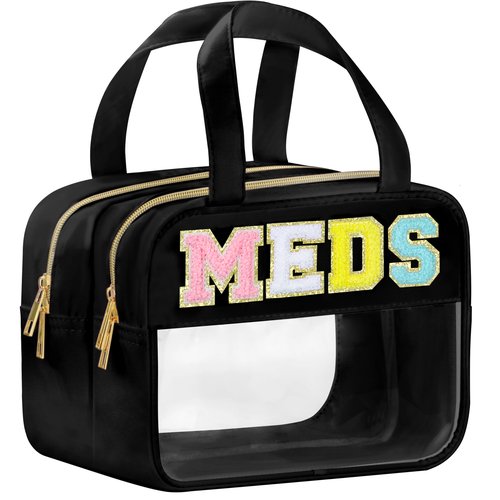 BuyCard Chenille Letter Clear Medicine Makeup Bag for Travel, Preppy Patch Nylon Cosmetic Meds Pouch with Handles and Zipper, Waterproof Large Travel Toiletry Bag Storage Case for Women Black
