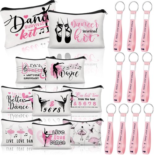 Kacctyen 20 Pcs Dance Gifts Bulk Dance Makeup Bag for Women Ballet Dancer Cosmetic Bag and Silicone Quote Keychains Stuff Class Prizes Party Favor Back to School Gift for Team