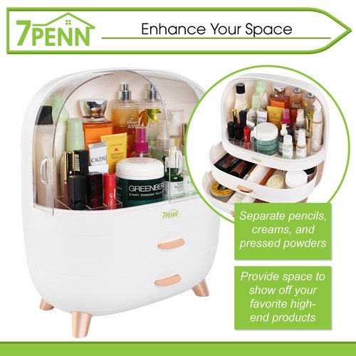 7Penn Large Makeup Organizer Storage Box - Portable Makeup and Skincare Organizer with Drawers, Large Capacity Makeup Organizer Case with Cosmetic Storage Drawers and Cover