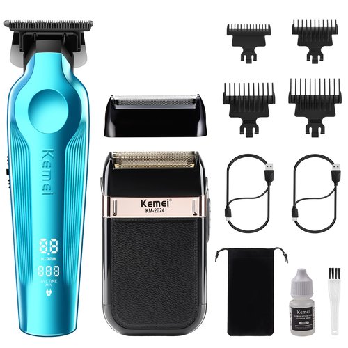 KEMEI Hair Trimmer and Foil Shaver for Men, Cordless Hair Clippers Beard Trimmer with T Blade, Waterproof Razor Shaver, Rechargeable Barber Clippers with LED Display, KM-264 Blue, KM-2024