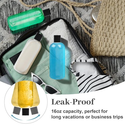 Neendohome 16 oz BPA Free Plastic Suqeeze Bottles with Black Disc Caps Refillable Travel Containers for Toiletries Shampoo conditioner Lotions Liquid Soap Shower Gel (6Pack, Clear)