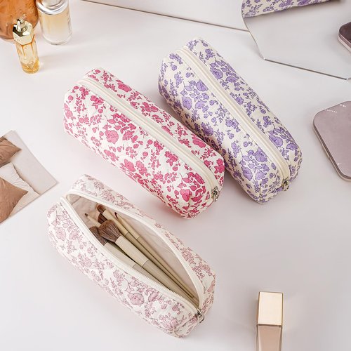 JOVAKIT Small Quilted Makeup Bag Cosmetic Bag for Women, Floral Coquette Cotton Square Travel Makeup Case Zipper Make Up Pouch, Kawaii Travel Storage Organizer Case (Blue Floral)