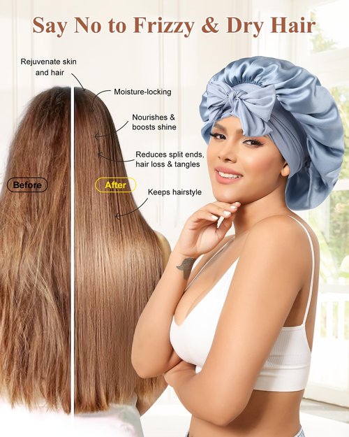 Silk Bonnet 100% Mulberry Hair Bonnet for Sleeping Women Hair Wrap with Elastic Band Sleep Night Cap(Blue)