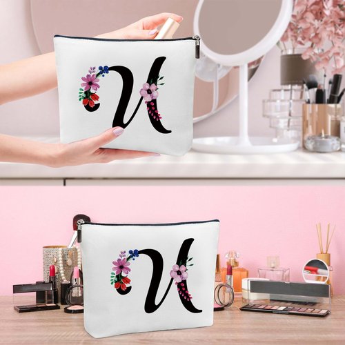 Make Up Bags for Women, Personalized Letter U Makeup Bag with Mirror, Initial Canvas Bag Cosmetic Travel Bags Toiletry Pouch Gift for Girls, Wedding Birthday Gifts for Sister Mom Friends Female(U)