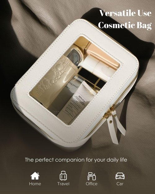 IRROMI Clear Makeup Case, Durable Saffiano Faux Leather Travel Cosmetic Bag, Toiletry Bag with Visual Window & Dual Zippers, Travel Essentials for Women (White, Medium)