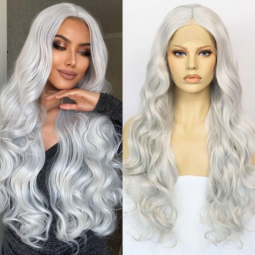 Ebingoo 26 Inch Silver Gray Lace Front Wig+Wig Cap Wavy Silver Wig for Women Curly Lace Front Wig Silver Princess Wig for Halloween Cosplay Women Daily Wear