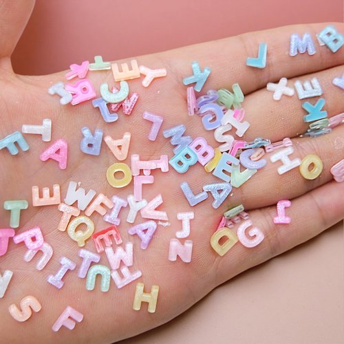 300Pcs Letter Nail Art Charms Random Candy Color Letter Resin Nail Rhinestones Kawaii Mini Flatback Alphabet Nail Gems with Aurora Glitter Design Nail Art Accessories for DIY Craft Nail Supplies