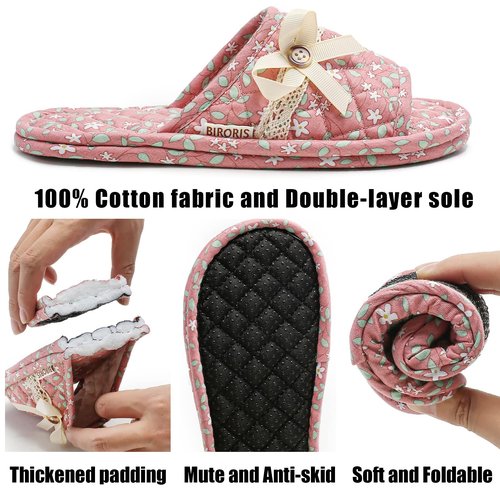 biroris 3 Pairs Floral Cotton House Slippers for Women, Open Toe Indoor Slippers Comfortable Washable Portable Foldable Guest Travel Hotel Airplane Spa Slippers