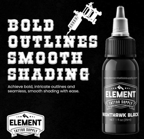 Element Tattoo Supply Nighthawk Black Tattoo Ink 2 oz Bottle Professional Tatto Ink Super Dark Formula for Lining Shading Mixing and Consistent Color On Human Skin