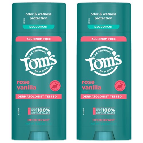 Tom’s of Maine Rose Vanilla Aluminum Free Natural Deodorant For Women & Men | Goes on Clear | Odor & Wetness Protection | Naturally Derived and Moisture-Locking Ingredients | 3.25 oz (2 Pack)