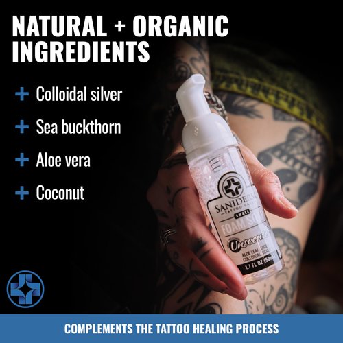 Saniderm Foaming Tattoo Soap (32oz Shop Size) – Gentle Soap for Tattooed Skin, Infused with Antimicrobial Colloidal Silver, Aloe Vera, and Nourishing Sea Buckthorn Oil