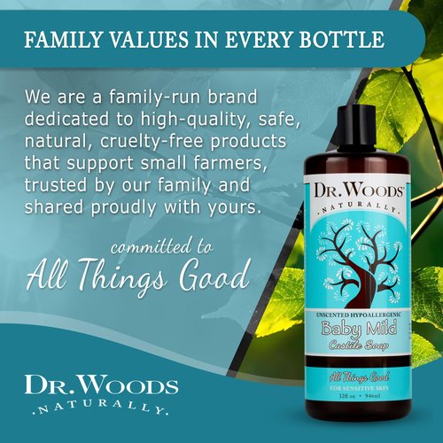 Dr. Woods Unscented Baby Mild Liquid Castile Soap - Natural Soap for Sensitive Skin, Gentle Cleanser with Hemp Oil and Vitamin E - Paraben, Sulfate, and Phthalate Free - 32 Fl Oz (Pack of 2)