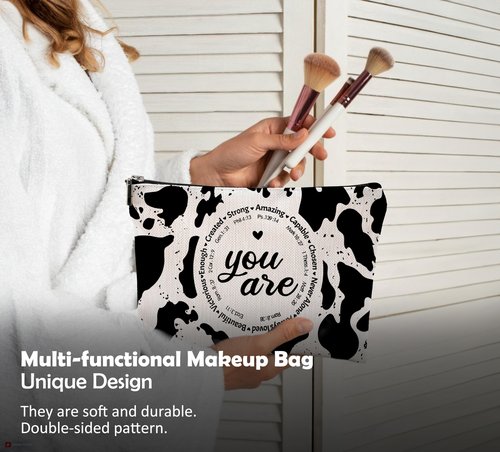 QGFM Western Cow Print Makeup Bag - Christian Inspirational Gifts Cosmetic Bags With Zipper