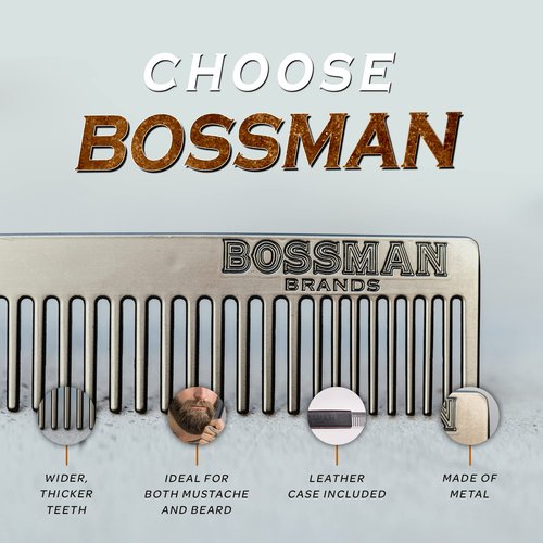 Bossman Hair and Beard Grooming Set - Metal Comb and Professional Scissors for Men's Haircut and Grooming