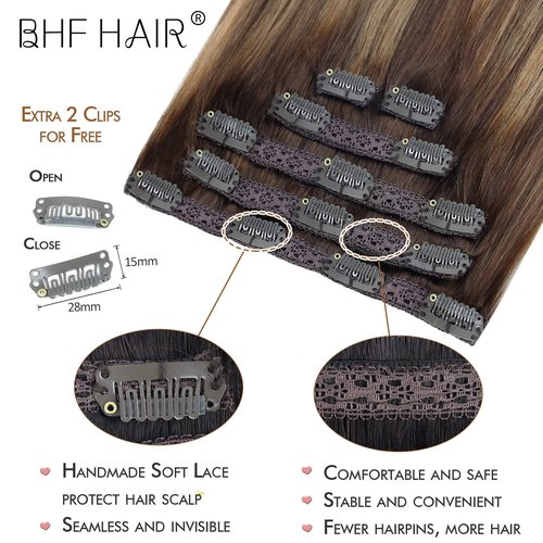 14" Clip in Remy Human Hair Extensions Chocolate Brown to Caramel Blonde Balayage Double Weft Thickness to Ends, 100% Human Hair Extensions for Women, 6 Pieces 70g / 2.45oz.