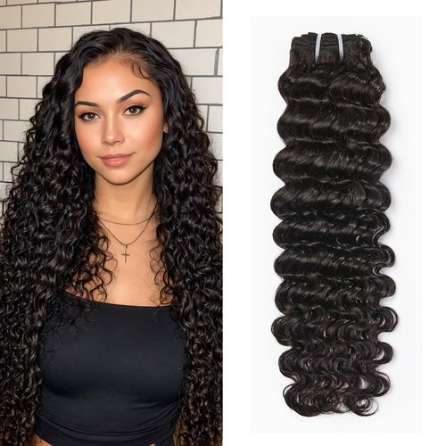 Wequeen 16A Deep Wave Human Hair Bundles 14 Inch 100% Unprocessed Brazilian Virgin Hair Quick Weave Bundles Human Hair Extensions Real Human Hair, Natural Black