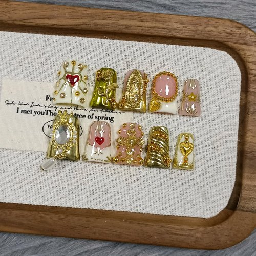 TENPAL 10Pcs Ballerina Press On Nails With Tools,Egyptian Palace Relief Glue on Nails with Gold Cross & Pearls,Handmade 3D Saint Charms Fake Nail Kits, Vintage Epic Acrylic Coffin Duckbill Nails(L)