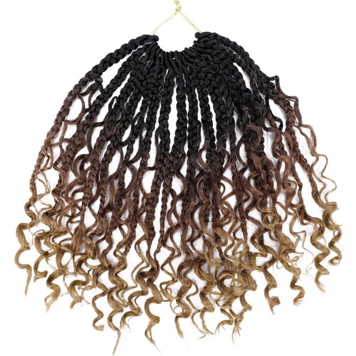 Goddess Box Braids Crochet Hair 14 Inch 8 Packs Pre-looped Bohemian Crochet Boho Box Braids With Curly Ends 3X Crochet Braids Hair for Women Synthetic Braiding Hair (14 inch, T1B/30/27)