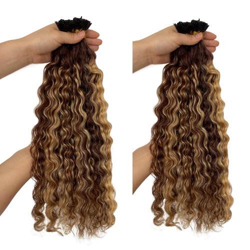 I Tip Human Hair Extensions 14inch 100 Strand 50G, Water Wave I Tips Hair Extensions Real Human Hair for Women Ombre Blonde Extensions I Tips Camel Brown Microlinks Cold Fusion I Tip Human Hair