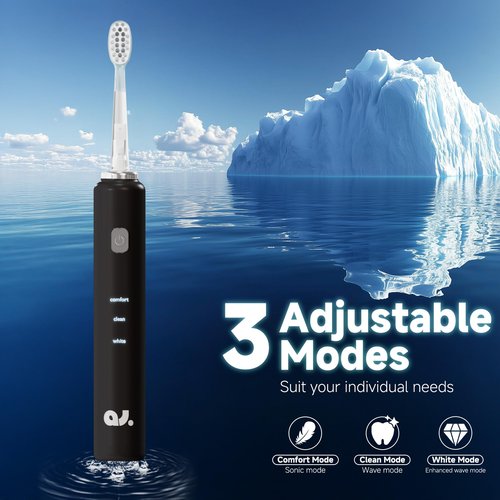 New Wave Oscillating Electric Toothbrush, Vibrating Wave Oral Brush, IPX7 Waterproof, Type-C, Gifts for Adults and Kids, Includes 3 Brush Heads and Wall Mount Bracket, Black