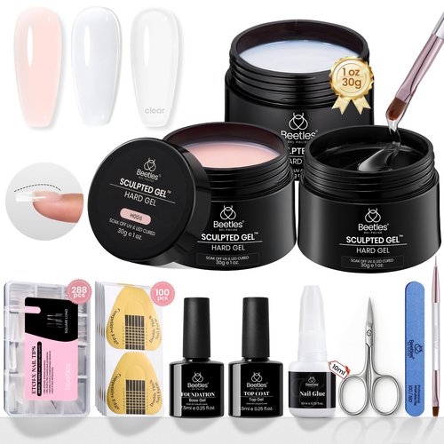 Beetles Hard Gel for Nails Kit Classic Neutral 3 Colors 9 in 1 Nail Extension Sculpting High Hardness for Salon Professionals Nude & Clear Builder Nail Gel UV & LED Cured