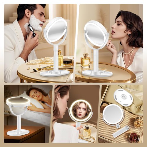 MOMOKUBA Makeup Mirror with Lights, 30X Magnifying & Height Adjustable, Lighted Magnifying Mirror with 3 Light Modes and Stepless Dimming, Vanity Mirrors for Bathroom, Birthday Gift for Women, White