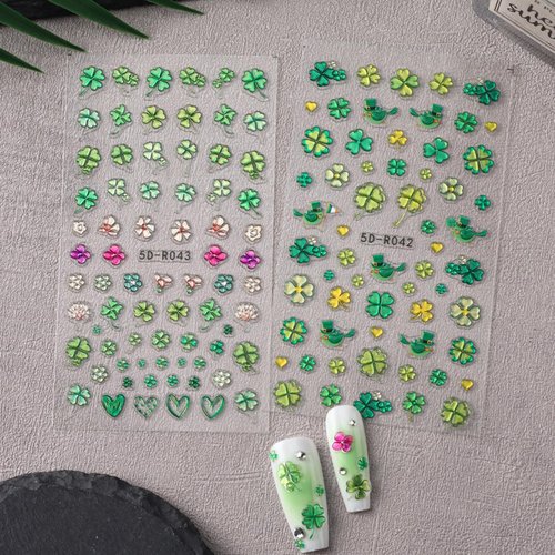 St. Patrick's Nail Stickers,5D Embossed Green Shamrock Nail Decals Self Adhesive Four-Leaf Clover Nail Design St. Patrick's Supplies Lucky of Irish Spring Manicure Decorations for Women 2PCS