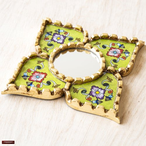 DECORCONTRERAS Small green peruvian mirrors for wall holiday – Diamond/Square shape wall artisan mirror in painted glass with gold leaf frame (Lime Green)