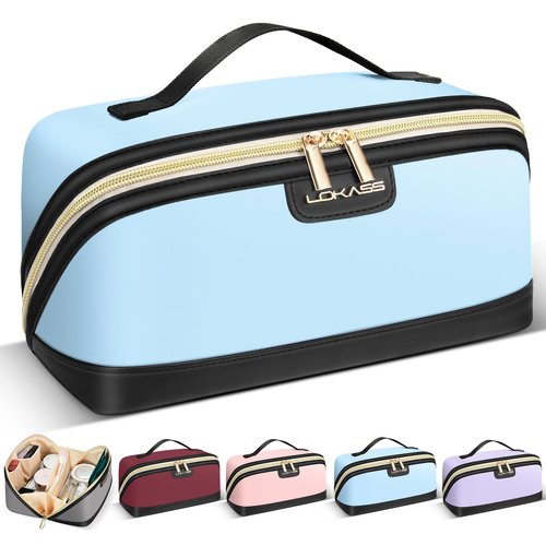 Stylish Travel Makeup Bag for Women - Large Capacity Waterproof PU & Cosmetic Organizer with Divider and Handle, Open Flat Toiletry Bag, Spring Break Essentials & Travel Accessories - Light Blue