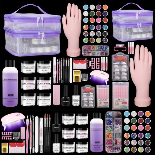 Acrylic Nail Kit for Beginners with Everything - Practice Hand for Acrylic Nails - 6PCS Nail Powder Liquid Set with UV Lamp - Professional Manicure Set in Pink Bag for Starter Home Salon (Purple-1)