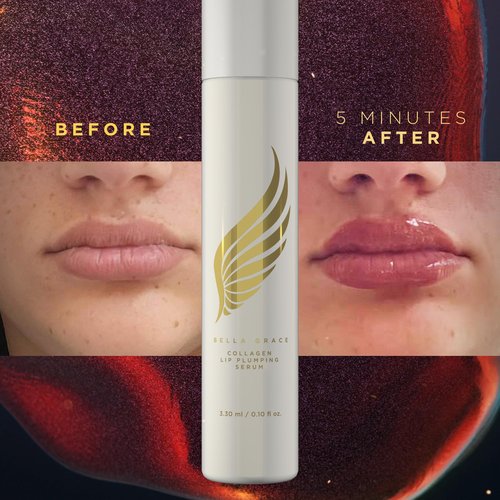 Bella Grace Vegan Collagen Lip Plumper Serum, Vitamin E, Peptides, Hydrating Lip Care Fuller Plumper Looking Lips, Supports Wrinkles, Fine Lines, Elasticity, Paraben, Sulfate & Cruelty Free, 0.1 fl oz