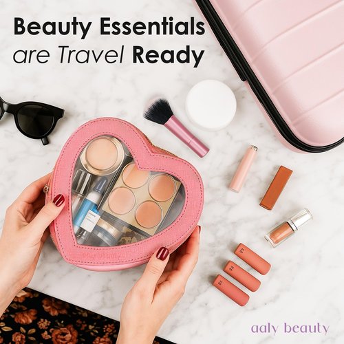Aaly Beauty Heart Makeup Bag – Pink Heart Cosmetic Bag with Clear Cover – Gift Ideas for Women, Mom, Girlfriends, Her - Large Capacity for Full Size Makeup, Skincare and Brushes
