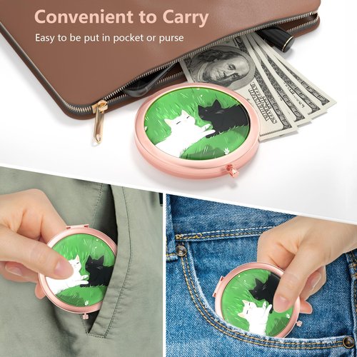 Nipichsha Compact Mirror, Pocket Travel Makeup Mirror, 2 - Sided 2X / 1X Magnification, Small Folding Portable Handheld, 2.75 in Rose Gold, Happy Cats