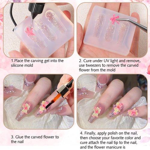 HJZHII 2 Pcs Silicone Nail Molds, 3D Flowers Nail Charms Art Floral Carving Template Craft DIY Tool for Nails Design Mold Decor Tools Supplies Accessories Creative Silicone Decoration