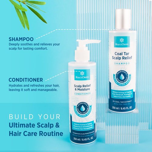 Roycederm Coal Tar Antidandruff Shampoo & Conditioner Set: 2% Coal Tar Extract Scalp Relief Shampoo for Psoriasis, Dandruff & Seborrheic Dermatitis - Soothes Itchy Scalp, Hydrates Hair